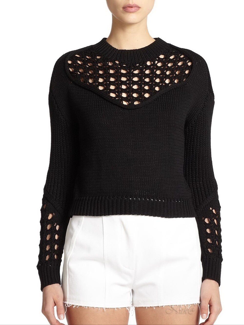 3.1 Phillip Lim Crochet Knit Sweater Crewneck Size XS Black Cotton